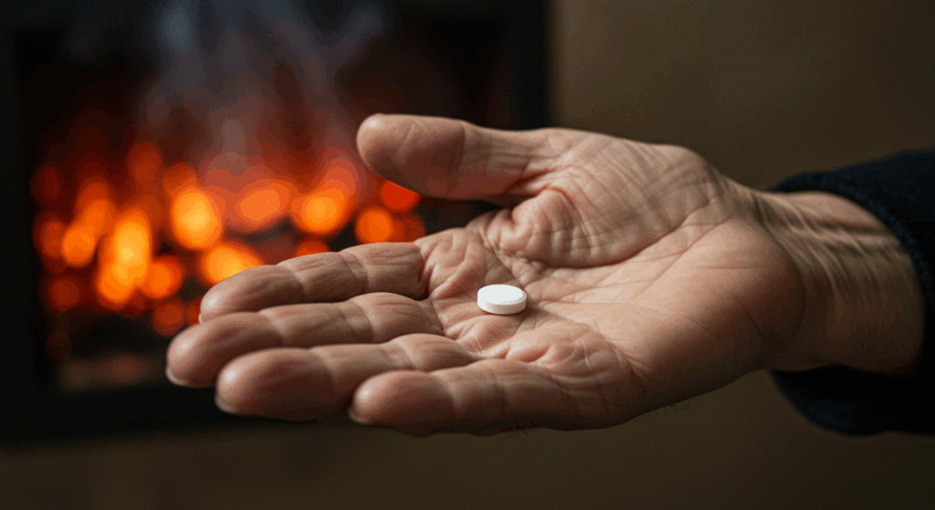 Prompt: metaphorical photo, extreme close-up on the wrinkled hand of a senior person holding a single small white pill in their palm. In the background, softly out of focus (bokeh effect), is a wall with smoldering, glowing red embers and faint smoke rising, symbolizing a hidden fire. The focus is sharp on the pill and the hand. Dramatic, conceptual, photorealistic. 