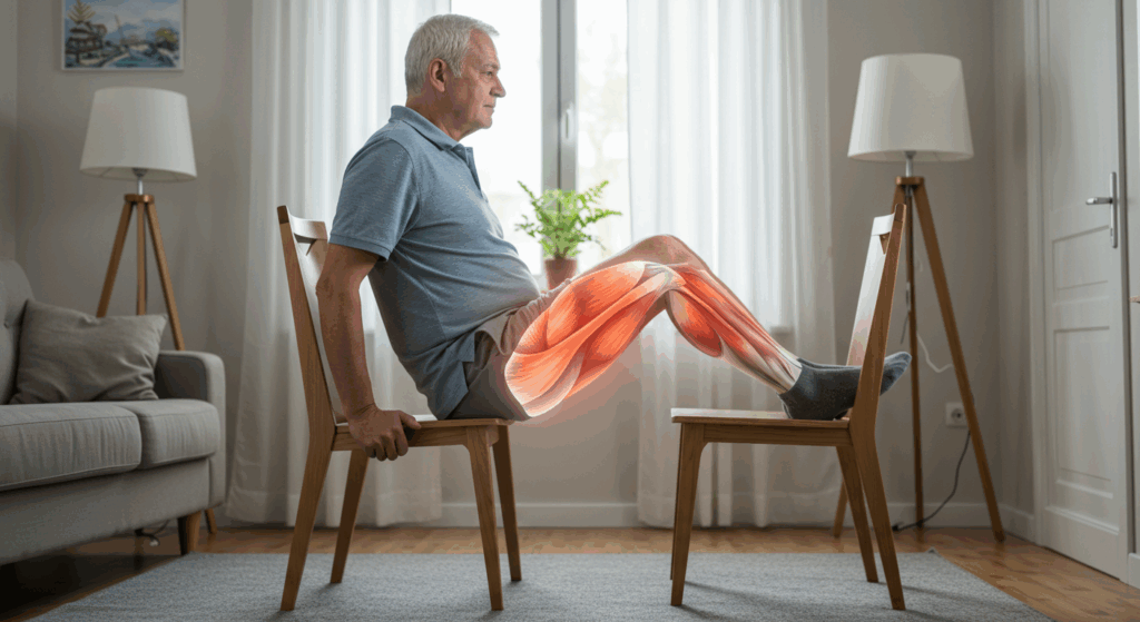 An empowering, well-lit indoor shot of a 76-year-old man in his living room, captured in the middle of a "sit-to-stand" exercise. He is rising from a sturdy wooden chair without using his hands, his leg muscles subtly tensed. His face shows concentration and dignified strength. To visualize the concept, a very faint, anatomical glowing overlay of his quadriceps muscles is visible, symbolizing the "army" supporting him. Photorealistic, clean aesthetic, focused on strength and independence.
