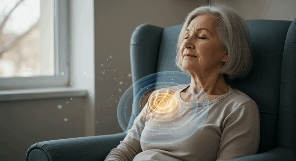 A beautiful, introspective close-up of a 79-year-old woman sitting in a comfortable armchair by a window. Her eyes are peacefully closed, and a gentle, serene smile is on her face. A subtle, ethereal shield of soft blue and golden light forms a glowing aura around her upper body, representing the "invisible shield" of calm created by her breath. Soft, diffused window lighting, mood of profound peace and healing, photorealistic with a touch of magic.
