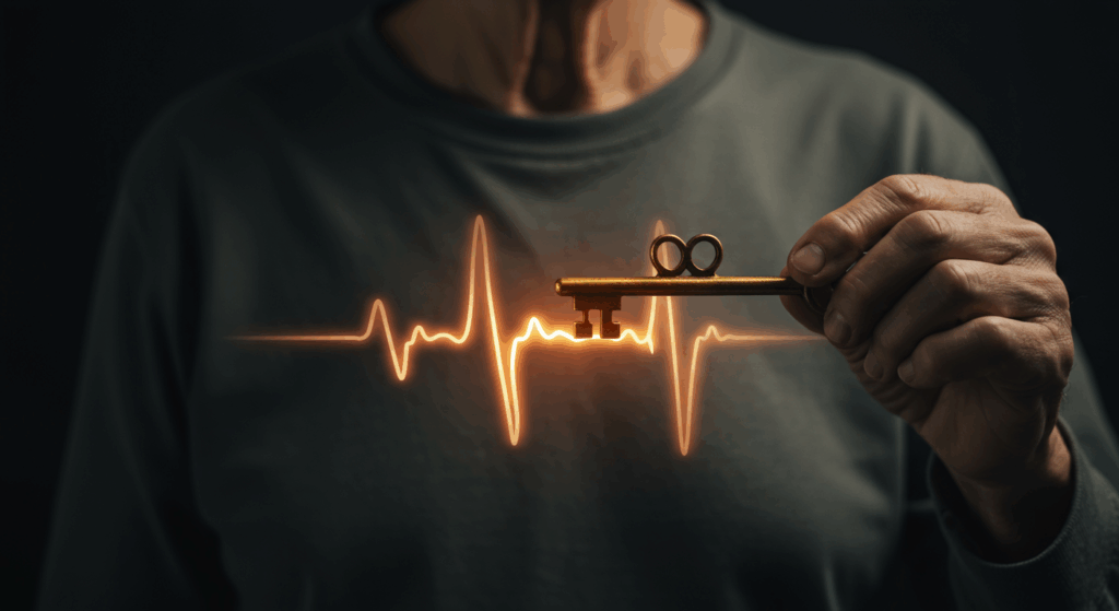A symbolic, macro photography shot focusing on a senior person's hand holding an ornate, glowing golden key. In the background, softly blurred, is their chest area. Overlaid on the chest is a luminous, abstract visualization of a healthy, flexible Heart Rate Variability (HRV) waveform, looking like a vibrant, fluid line of light, not a rigid, monotonous one. The image captures a sense of discovery and control. Dark, high-concept background, cinematic, 4K detail.
