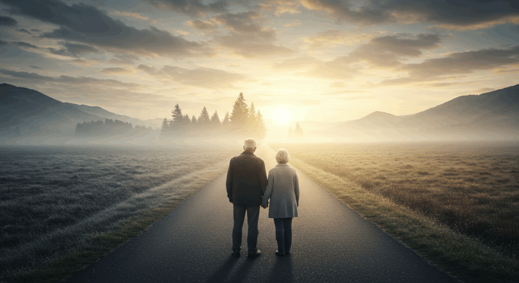 An epic, cinematic wide shot of a senior couple, seen from behind, standing at a crossroads. One path ahead is grey, misty, and uncertain. The other path is illuminated by a brilliant, hopeful sunrise, appearing clear and inviting. They are looking down the bright path, making a choice. The image should evoke feelings of hope, decision, and empowerment for the journey ahead. Dramatic landscape, metaphorical, emotionally resonant, ultra-detailed.
