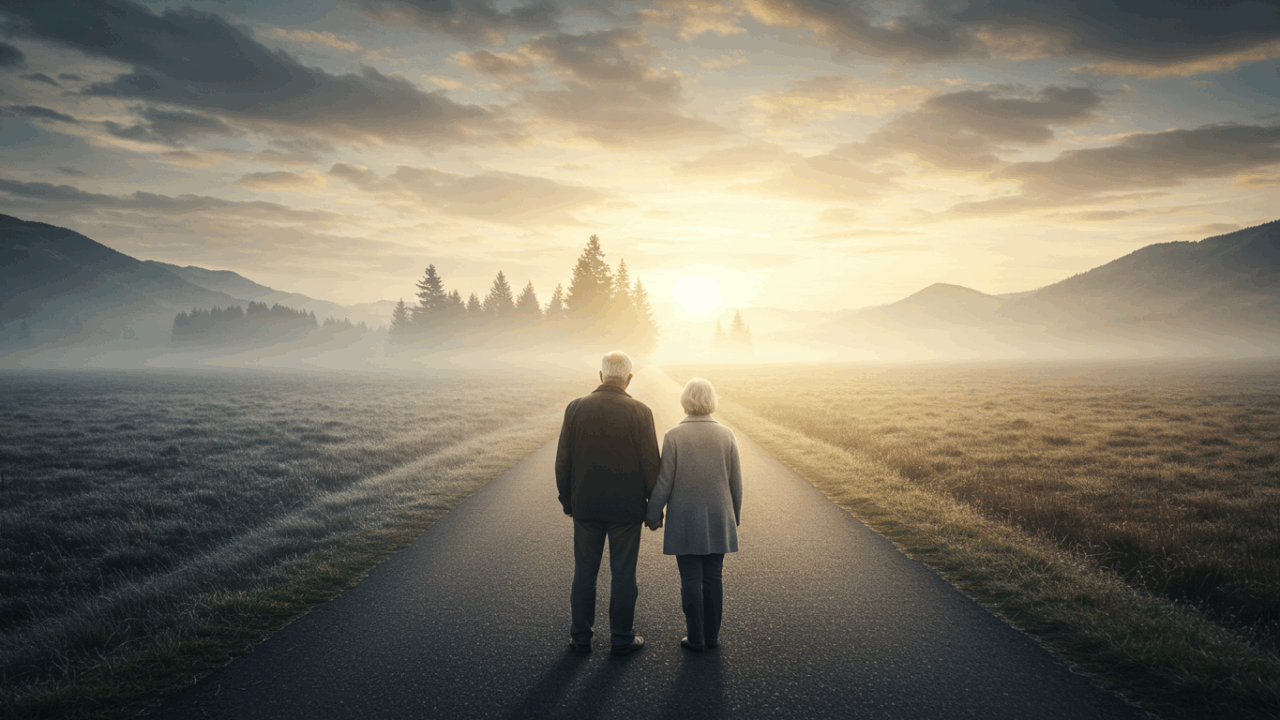An epic, cinematic wide shot of a senior couple, seen from behind, standing at a crossroads. One path ahead is grey, misty, and uncertain. The other path is illuminated by a brilliant, hopeful sunrise, appearing clear and inviting. They are looking down the bright path, making a choice. The image should evoke feelings of hope, decision, and empowerment for the journey ahead. Dramatic landscape, metaphorical, emotionally resonant, ultra-detailed.