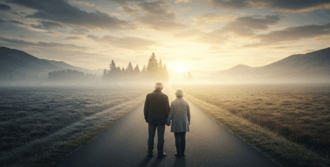 An epic, cinematic wide shot of a senior couple, seen from behind, standing at a crossroads. One path ahead is grey, misty, and uncertain. The other path is illuminated by a brilliant, hopeful sunrise, appearing clear and inviting. They are looking down the bright path, making a choice. The image should evoke feelings of hope, decision, and empowerment for the journey ahead. Dramatic landscape, metaphorical, emotionally resonant, ultra-detailed.