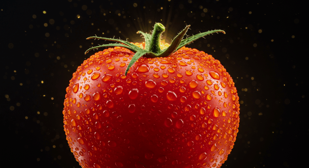 Prompt: extreme close-up of a single, vibrant red ripe tomato, covered in glistening, microscopic water droplets that catch the light like a shield. A soft, ethereal golden glow subtly surrounds the tomato, representing its protective, antioxidant power. Dark background, photorealistic, magical realism. 