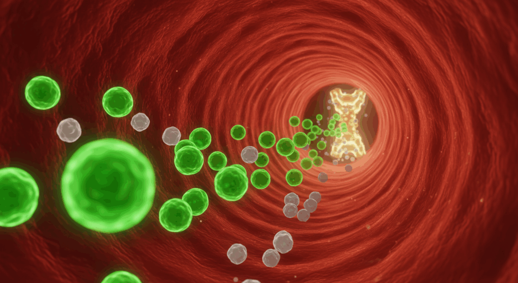 Prompt: abstract science visualization inside a stylized human artery. Glowing green Vitamin K2 molecules are actively directing shiny, white calcium particles away from the artery wall and escorting them towards a glowing bone structure in the distance. The scene is dynamic and educational, visually stunning, 3D render. 