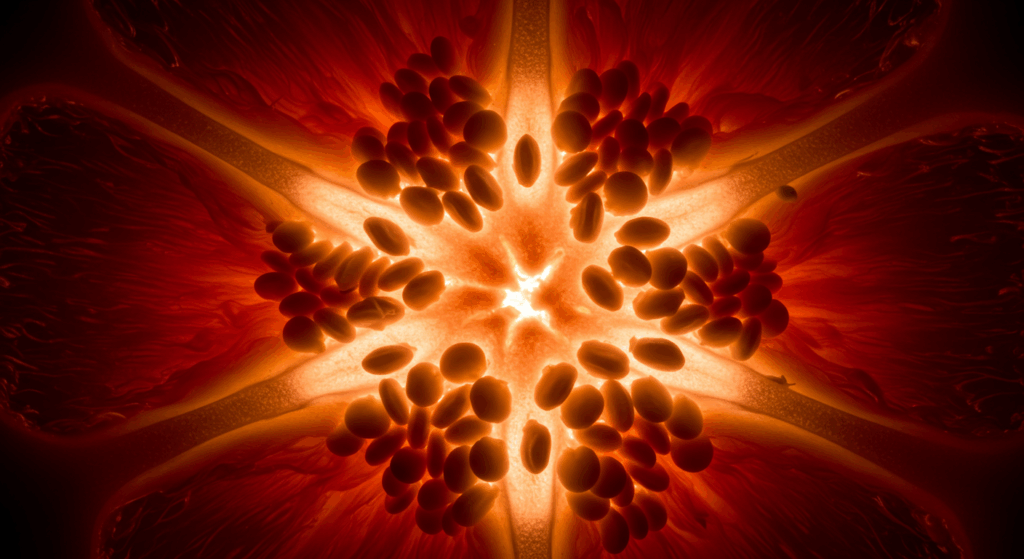 Prompt: An artistic, glowing cross-section of a vibrant red bell pepper against a black background. The internal white ribs and seeds are glowing with a soft, bright light, forming a pattern that resembles architectural scaffolding or a strong, interconnected fibrous network. Symbolizes collagen and structural strength. Macro photography, conceptual. 