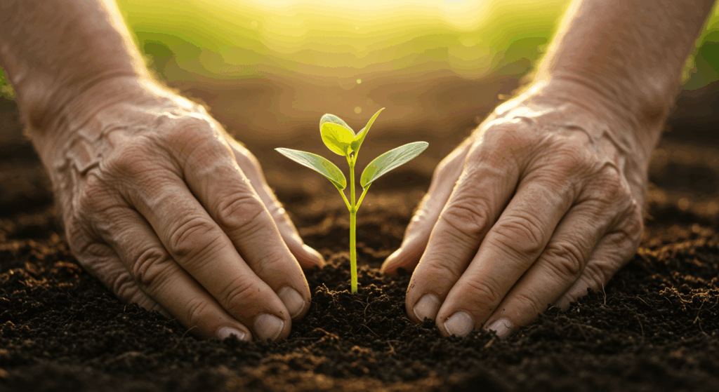 Prompt: cinematic close-up of an elderly person's hands gently planting a tiny, vibrant green sprout into rich, dark soil. Warm, golden sunlight filters down, illuminating the scene and the new plant. The image symbolizes hope, new beginnings, growth, and the power of taking small actions. Shallow depth of field, emotional, hopeful. 