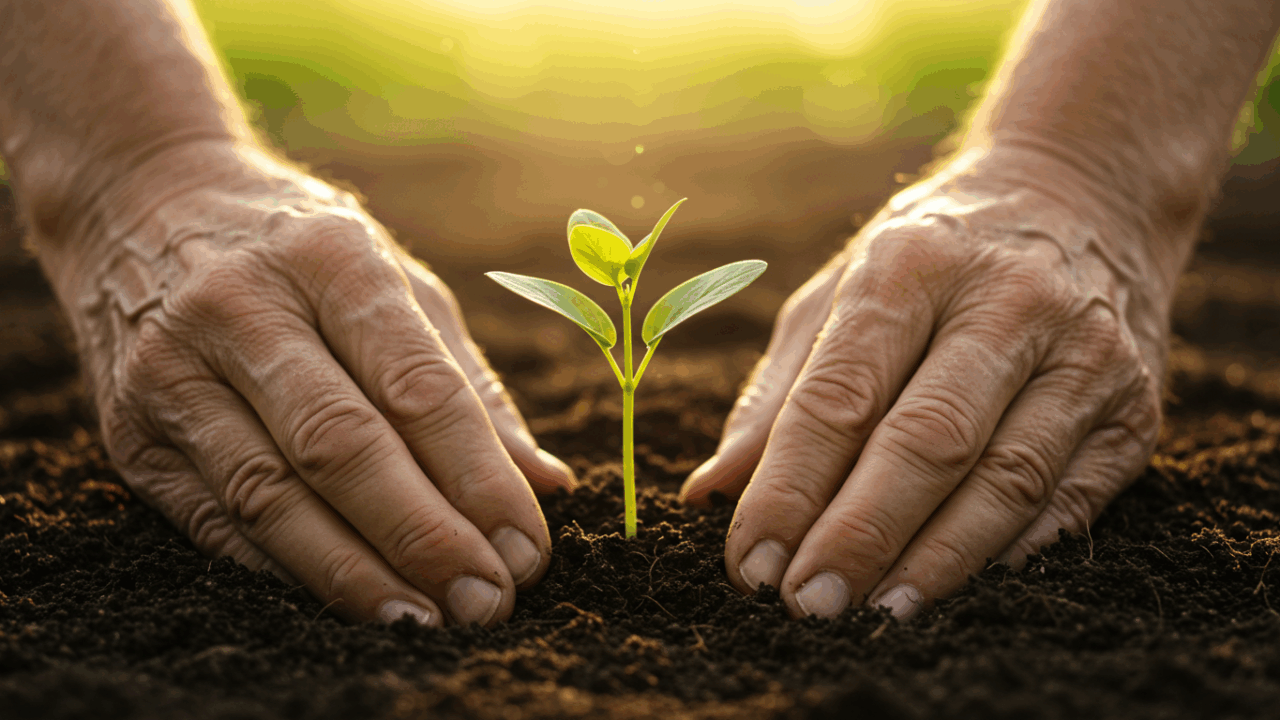 Prompt: cinematic close-up of an elderly person's hands gently planting a tiny, vibrant green sprout into rich, dark soil. Warm, golden sunlight filters down, illuminating the scene and the new plant. The image symbolizes hope, new beginnings, growth, and the power of taking small actions. Shallow depth of field, emotional, hopeful.