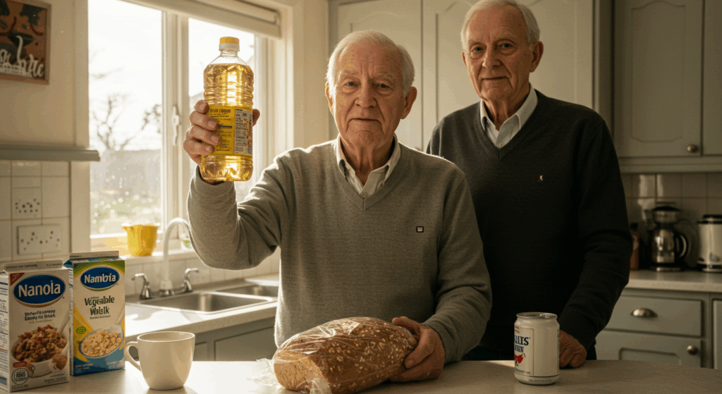 In a bright, clean, sunlit kitchen, an elderly man, John, proudly holds up a bottle of golden vegetable oil and a loaf of whole-wheat bread. His friend, Harold, stands beside him with a look of gentle, knowing concern. The kitchen is filled with "healthy" foods like low-fat milk and cereal boxes, but the overall feeling is sterile and deceptively cheerful. Photorealistic, subtle color grading, high detail, captures the contrast between hope and hidden danger. 