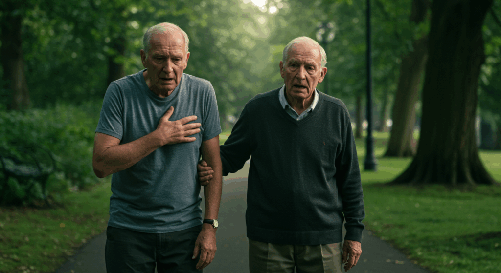 Two elderly men, Harold and John, are on a walking path in a beautiful, green park. John is leaning slightly, his hand on his chest, his face showing a mix of fatigue and fear, sweat on his brow despite the cool weather. Harold walks beside him, looking supportive and calm. The morning light filters through the trees, creating a peaceful scene that contrasts with John's inner turmoil. Emotional, cinematic, depth of field, realistic textures. 