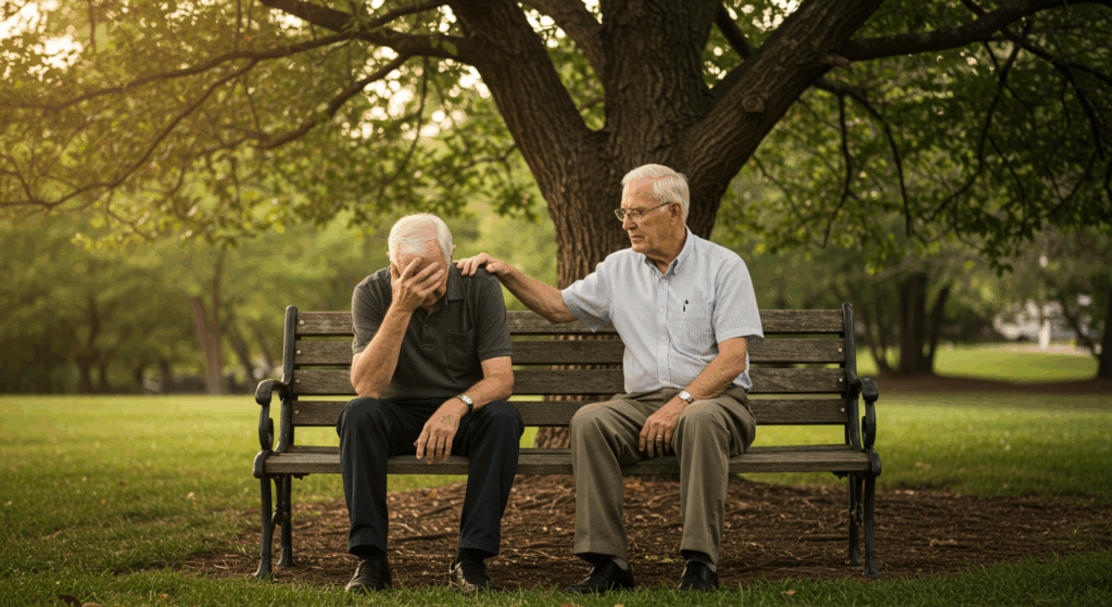 Two elderly friends are sitting on an old wooden park bench under a large, shady tree. John has his head in his hands, his shoulders trembling, portraying despair and vulnerability. Harold places a comforting hand on his friend's shoulder, his expression full of empathy and understanding. The late afternoon sun casts a warm, soft glow on the scene. Highly emotional, character-focused, poignant, photorealistic, bokeh background. 