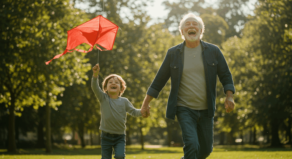 A vibrant, joyful elderly man, John, is laughing as he runs alongside his young grandson in a sun-drenched park. They are flying a bright red kite that soars high in the clear blue sky. John's face is full of life and color, his eyes sparkling with happiness. The scene is filled with energy, warmth, and a sense of freedom and rebirth. Dynamic motion, bright and warm color palette, cinematic, inspirational, 8K. 