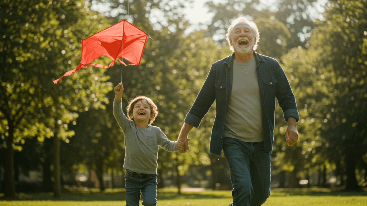 A vibrant, joyful elderly man, John, is laughing as he runs alongside his young grandson in a sun-drenched park. They are flying a bright red kite that soars high in the clear blue sky. John's face is full of life and color, his eyes sparkling with happiness. The scene is filled with energy, warmth, and a sense of freedom and rebirth. Dynamic motion, bright and warm color palette, cinematic, inspirational, 8K.