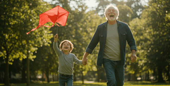 A vibrant, joyful elderly man, John, is laughing as he runs alongside his young grandson in a sun-drenched park. They are flying a bright red kite that soars high in the clear blue sky. John's face is full of life and color, his eyes sparkling with happiness. The scene is filled with energy, warmth, and a sense of freedom and rebirth. Dynamic motion, bright and warm color palette, cinematic, inspirational, 8K.