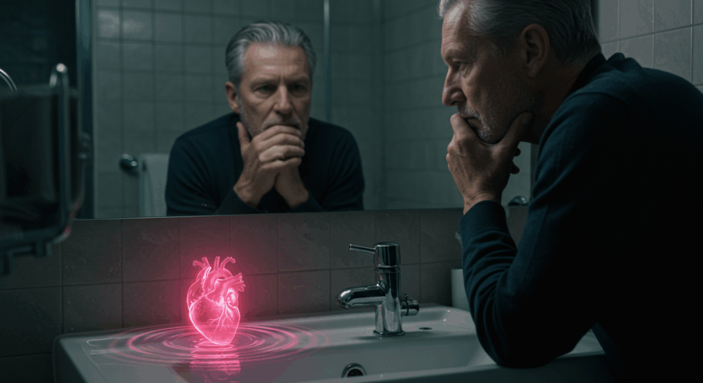 Symbolic artistic photo, a thoughtful 60-year-old man looking at his reflection in a bathroom mirror. In the sink below, a single drop of pink liquid creates ripples, and within the ripples, there's a faint, glowing ethereal image of a human heart. Soft, moody lighting. --ar 16:9 --style Photorealistic --vibe Metaphorical, Revealing
