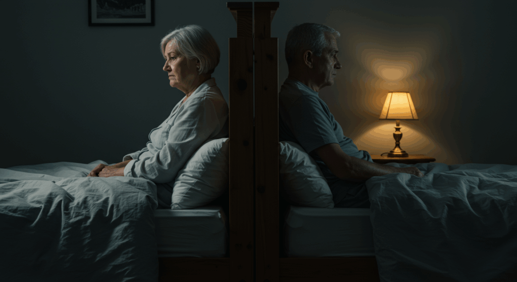 A somber, cinematic shot of an older, loving couple in their bedroom. They are sitting on opposite sides of the bed, not touching, looking away from each other with sad expressions. An invisible sense of emotional distance separates them. The lighting is dim, coming from a single bedside lamp, casting long shadows. --ar 16:9 --style Cinematic --vibe Melancholy, Emotional
