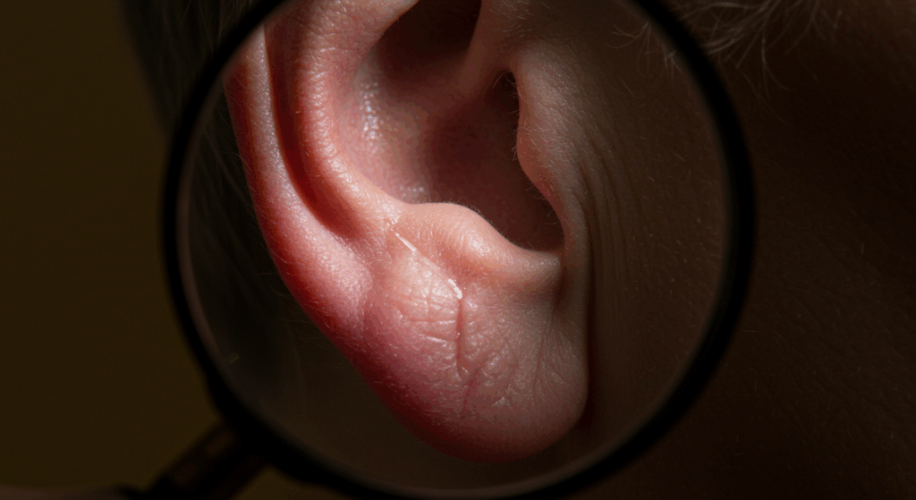 Extreme close-up, macro photography style of a 70-year-old person's earlobe. A clear, diagonal crease (Frank's Sign) is visible. The lighting is like a detective's magnifying glass, casting a focused beam of light that highlights the crease as if it's a clue on a map. The background is dark and out of focus. --ar 16:9 --style Dramatic --vibe Investigative, Detailed