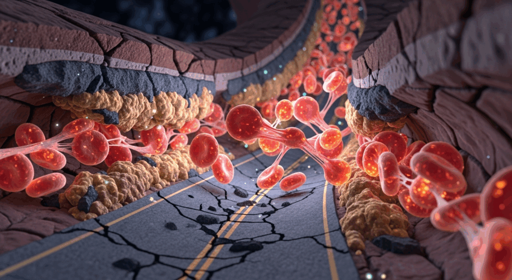 Prompt: Macro view, cross-section of a human artery that looks like a cracked and damaged old highway road. Patches of rough, bumpy plaque are like rubble blocking the path. Red blood cells are depicted as glowing particles struggling to get through. Bioluminescent, scientific illustration, detailed, 4k. 