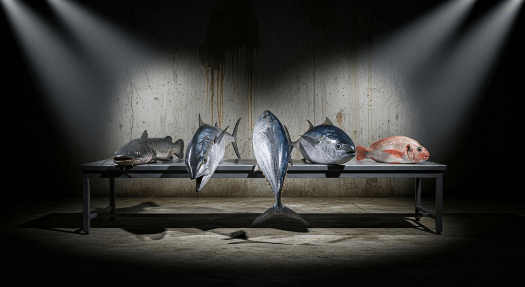 Prompt: cinematic photo, a police lineup scene in a dark concrete room. Four types of fish (Catfish, King Mackerel, Bigeye Tuna, Tilapia) are presented under harsh spotlights instead of criminals. They cast long, dramatic shadows. Moody, high contrast, mysterious, photorealistic. 