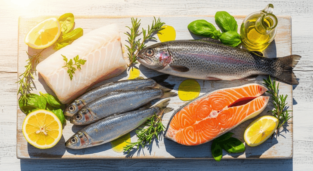Prompt: Vibrant food photography, a beautiful, artful arrangement of four healthy fish (a piece of Cod, a few Sardines, a Rainbow Trout, a fillet of Wild Salmon) on a rustic light-colored wooden board. They are surrounded by fresh herbs, lemon slices, and a drizzle of olive oil. Bathed in bright, warm, natural sunlight with a slight golden aura. Top-down view, inviting, healthy, vibrant colors, 4k. 