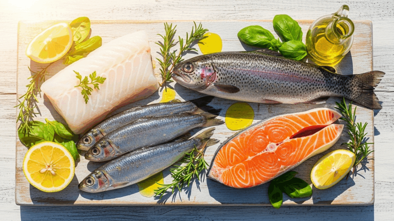 Prompt: Vibrant food photography, a beautiful, artful arrangement of four healthy fish (a piece of Cod, a few Sardines, a Rainbow Trout, a fillet of Wild Salmon) on a rustic light-colored wooden board. They are surrounded by fresh herbs, lemon slices, and a drizzle of olive oil. Bathed in bright, warm, natural sunlight with a slight golden aura. Top-down view, inviting, healthy, vibrant colors, 4k.
