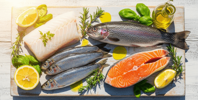 Prompt: Vibrant food photography, a beautiful, artful arrangement of four healthy fish (a piece of Cod, a few Sardines, a Rainbow Trout, a fillet of Wild Salmon) on a rustic light-colored wooden board. They are surrounded by fresh herbs, lemon slices, and a drizzle of olive oil. Bathed in bright, warm, natural sunlight with a slight golden aura. Top-down view, inviting, healthy, vibrant colors, 4k.