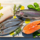 Prompt: Vibrant food photography, a beautiful, artful arrangement of four healthy fish (a piece of Cod, a few Sardines, a Rainbow Trout, a fillet of Wild Salmon) on a rustic light-colored wooden board. They are surrounded by fresh herbs, lemon slices, and a drizzle of olive oil. Bathed in bright, warm, natural sunlight with a slight golden aura. Top-down view, inviting, healthy, vibrant colors, 4k.