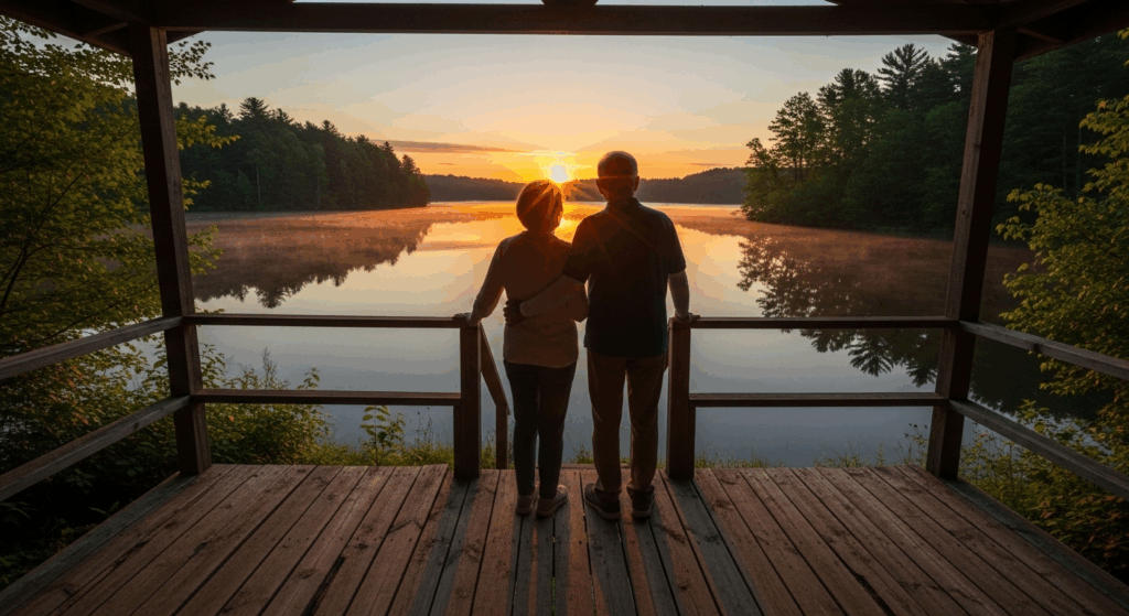 Prompt: cinematic photo of a healthy, happy senior couple, seen from behind, standing on a wooden porch looking out over a calm, beautiful lake at sunrise. The warm, golden hour lighting fills the scene with hope and peace. Serene, hopeful, inspirational, wide-angle shot, photorealistic. 