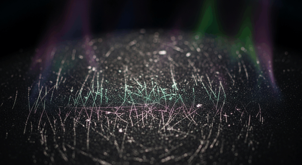 Extreme close-up macro shot of the surface of a heavily scratched black non-stick pan. Invisible, shimmering heat waves rise from the surface, distorting the air. The scratches subtly glow with a toxic-looking purple and green hue, suggesting chemical decomposition. Sinister and sterile atmosphere, cinematic, photorealistic, macro photography.
