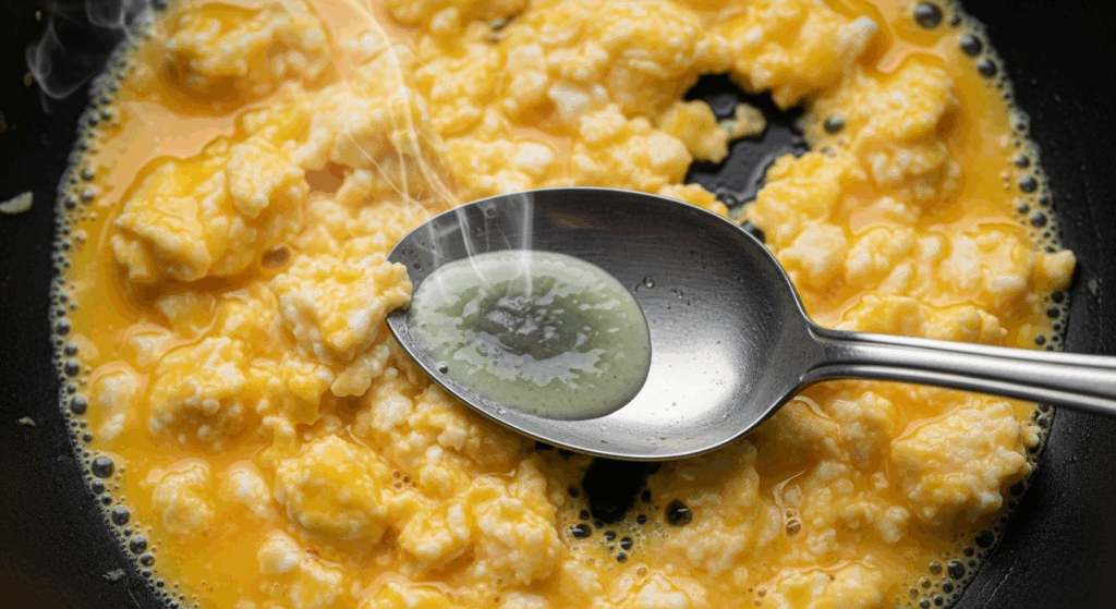 A top-down cinematic shot of scrambled eggs being cooked in a pan. An old, worn aluminum spoon is stirring the eggs. At the point of contact where the metal touches the egg, a subtle, unappetizing greenish-gray tinge is forming, with faint wisps of chemical steam rising. Dramatic lighting, high contrast, hyper-detailed food photography.
