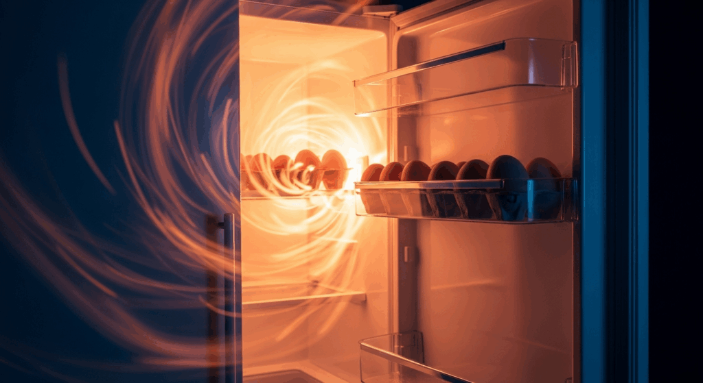 A cinematic shot from inside a refrigerator, looking out towards the open door. The egg compartment on the door is in sharp focus, holding a carton of eggs. The door is surrounded by a swirling vortex of warm orange and cool blue light, representing extreme temperature fluctuations. The eggs look fragile and vulnerable in the chaotic light. Photorealistic, symbolic, 4K.
