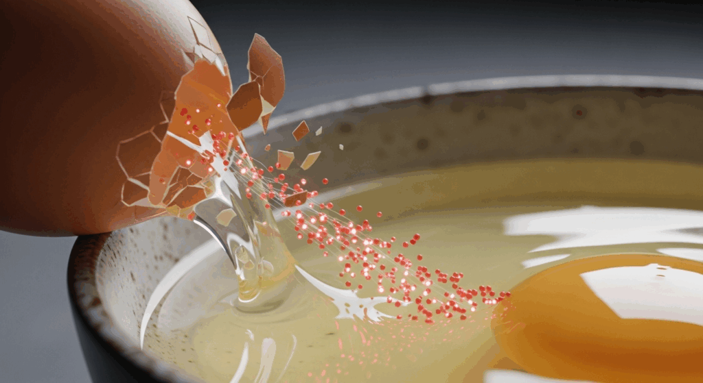 Ultra slow-motion, macro cinematic shot of an egg being cracked on the sharp rim of a ceramic bowl. Focus on the moment of impact, where tiny shell fragments are pushed inwards, dragging microscopic, glowing red bacterial particles from the outer shell into the pristine egg white. Scientific visualization style, dramatic, high-speed photography, hyper-detailed.
