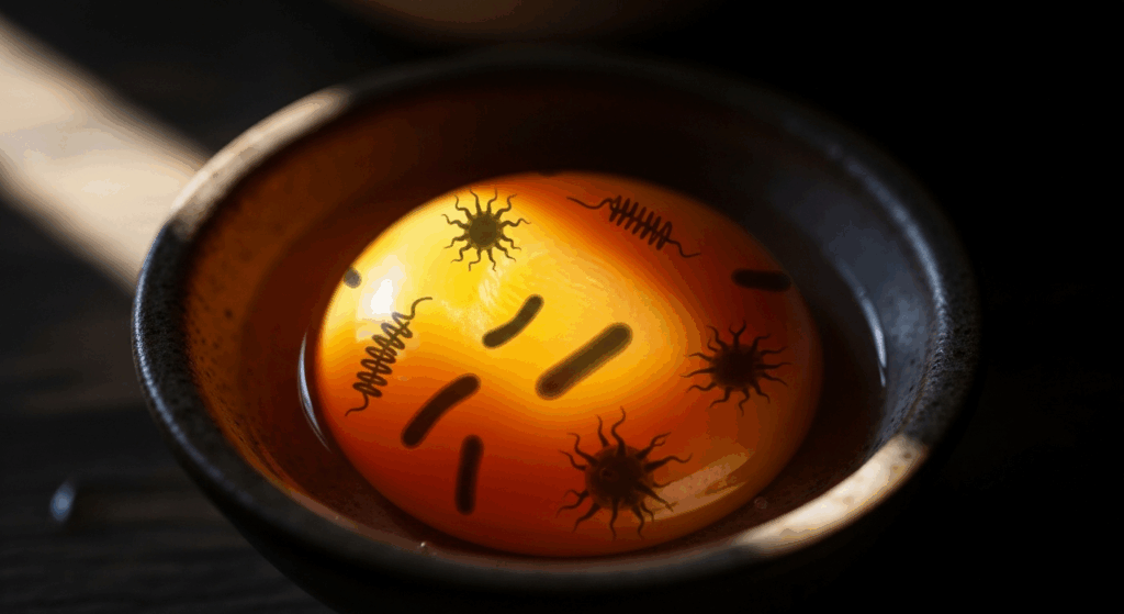 An artistic, extreme close-up of a perfect, glistening raw egg yolk resting in a bowl. The yolk is semi-translucent, and within its golden depths, you can faintly see shadowy, menacing shapes of bacteria, like a ship trapped in a bottle of amber. Beautiful but unsettling mood, dramatic chiaroscuro lighting, photorealistic.
