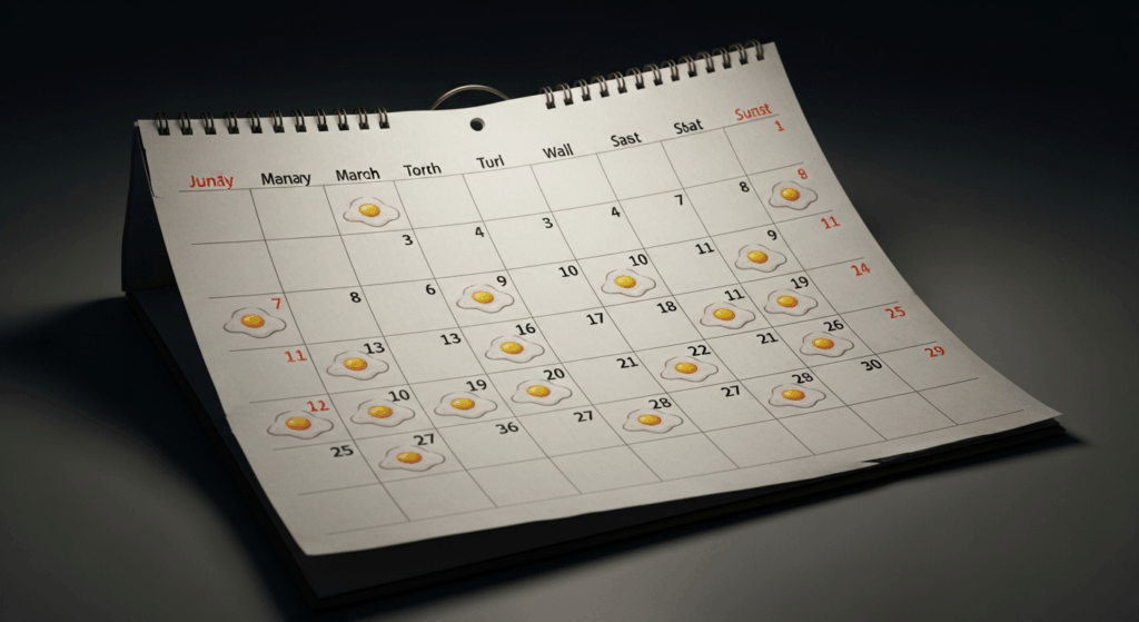 A cinematic shot of a calendar page for a full month. Every single day of the month has a small, identical fried egg drawn on it, creating a relentless, overwhelming pattern. The page is slightly worn and curled at the edges, lit by a single harsh light from above, giving a feeling of fatigue and clinical oppression. Symbolic, moody, photorealistic.
