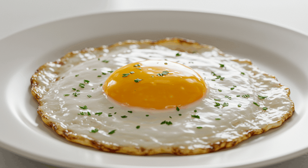 A stunning "hero shot" of a perfectly cooked sunnyside-up egg on a clean white plate. The yolk has a rich, deep golden-orange color and emits a gentle, warm, healthy glow. The egg is lightly seasoned with fresh green herbs. The background is clean and bright, suggesting a fresh start and healing. Fine dining food photography, cinematic, warm lighting, hyper-realistic, appetizing.
