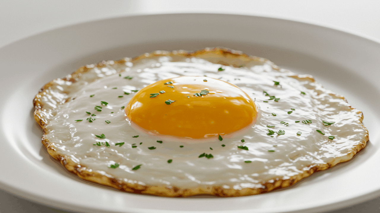 A stunning "hero shot" of a perfectly cooked sunnyside-up egg on a clean white plate. The yolk has a rich, deep golden-orange color and emits a gentle, warm, healthy glow. The egg is lightly seasoned with fresh green herbs. The background is clean and bright, suggesting a fresh start and healing. Fine dining food photography, cinematic, warm lighting, hyper-realistic, appetizing.