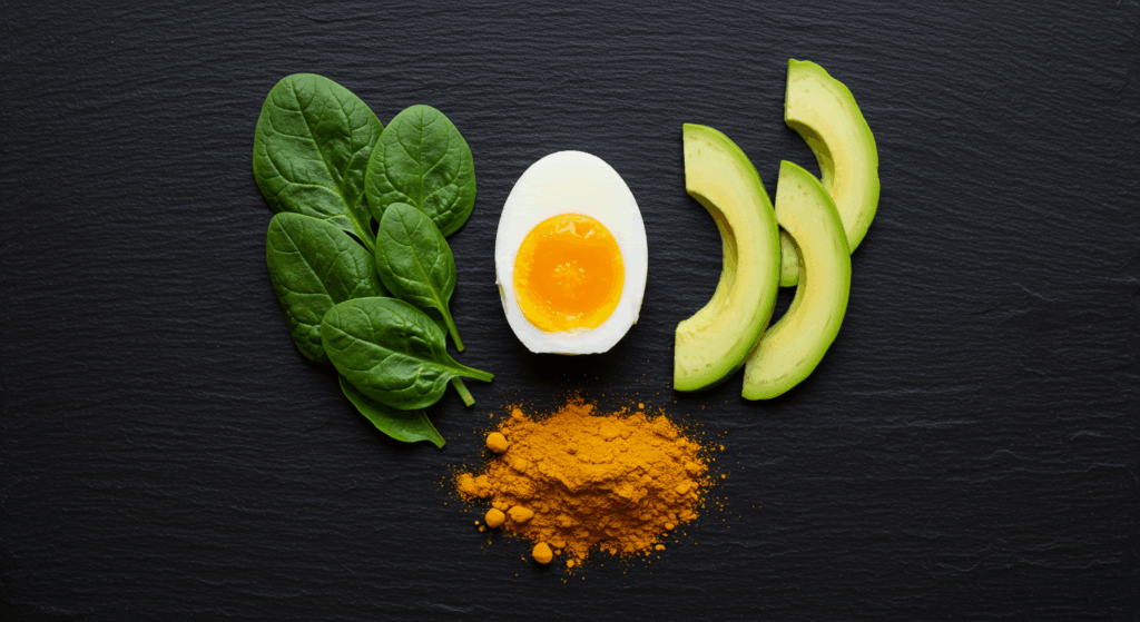 A symbolic, top-down "flat lay" composition. In the center, a perfectly cooked egg. Arranged around it in a protective, crest-like formation are the three ingredients: vibrant green spinach leaves, creamy sliced avocado, and a small mound of brilliant golden turmeric powder. The entire scene is set on a dark slate background, making the colors pop. Lit like a royal emblem, epic and powerful. Conceptual art, photorealistic.
