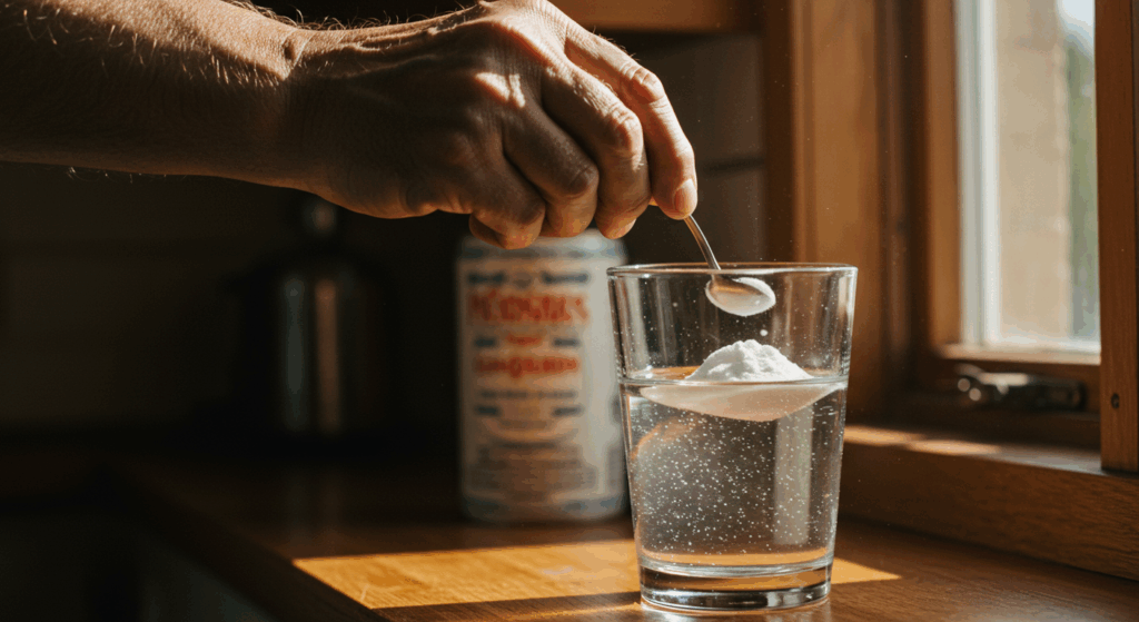 Cinematic close-up shot of a wrinkled, elderly man's hand stirring a quarter teaspoon of white baking soda into a clear glass of water. Morning sunlight streams through a kitchen window, illuminating the glass. Warm, hopeful, rustic feel. 