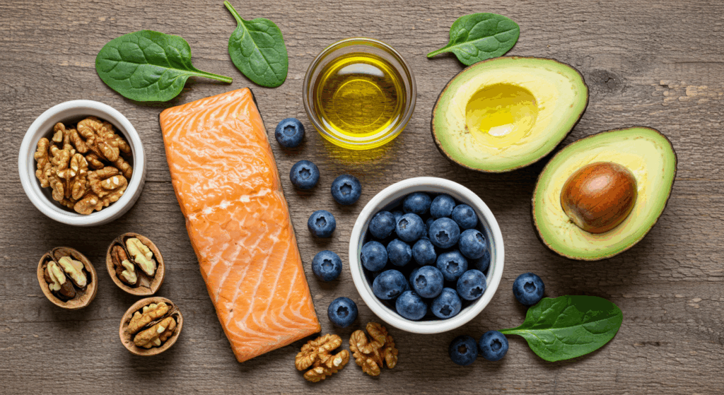 Beautiful flat lay of heart-healthy foods. A piece of grilled salmon, half an avocado, a small bowl of walnuts, vibrant blueberries, and a drizzle of golden olive oil, arranged artfully on a rustic wooden table. Natural lighting, appetizing, high-end food photography style.