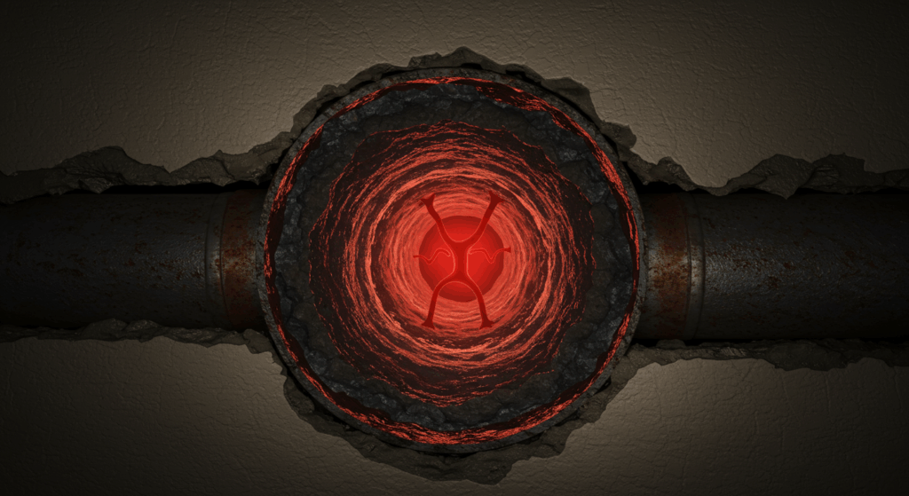 Prompt: A dramatic, conceptual image showing a cross-section of old, rusted metal pipes hidden inside the plaster wall of a house. The pipes are severely narrowed by layers of grime and calcified rust, representing arterial plaque. A faint, struggling red light glows within the constricted passage, symbolizing restricted blood flow. Style: Photorealistic, dramatic lighting, textured, high detail, metaphor for atherosclerosis.
