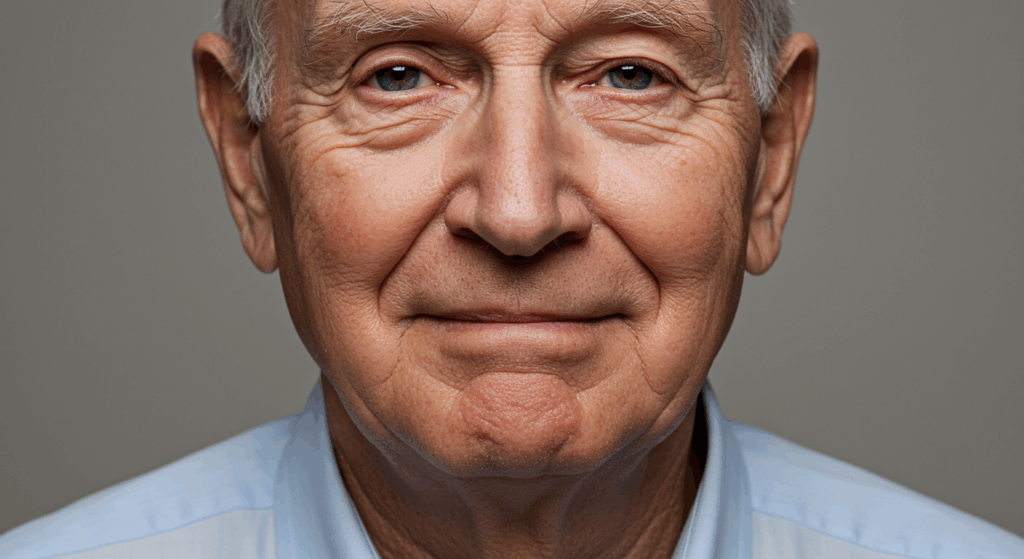 Stroke Warning Signs (F.A.S.T.):
Powerful close-up portrait focusing on an elderly man's face, illustrating F.A.S.T. warning signs. One side of his mouth is slightly drooping as he tries to smile. The image is a clear, respectful depiction for educational purposes. Clinical, neutral background.
