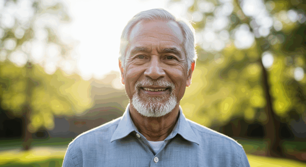 Conclusion (Empowered Senior):
Uplifting portrait of the same 78-year-old man from the intro, now standing outdoors, looking directly at the camera with a confident, healthy, and reassuring smile. Bright, natural sunlight, background slightly blurred. The image conveys hope, wisdom, and control over his health.
