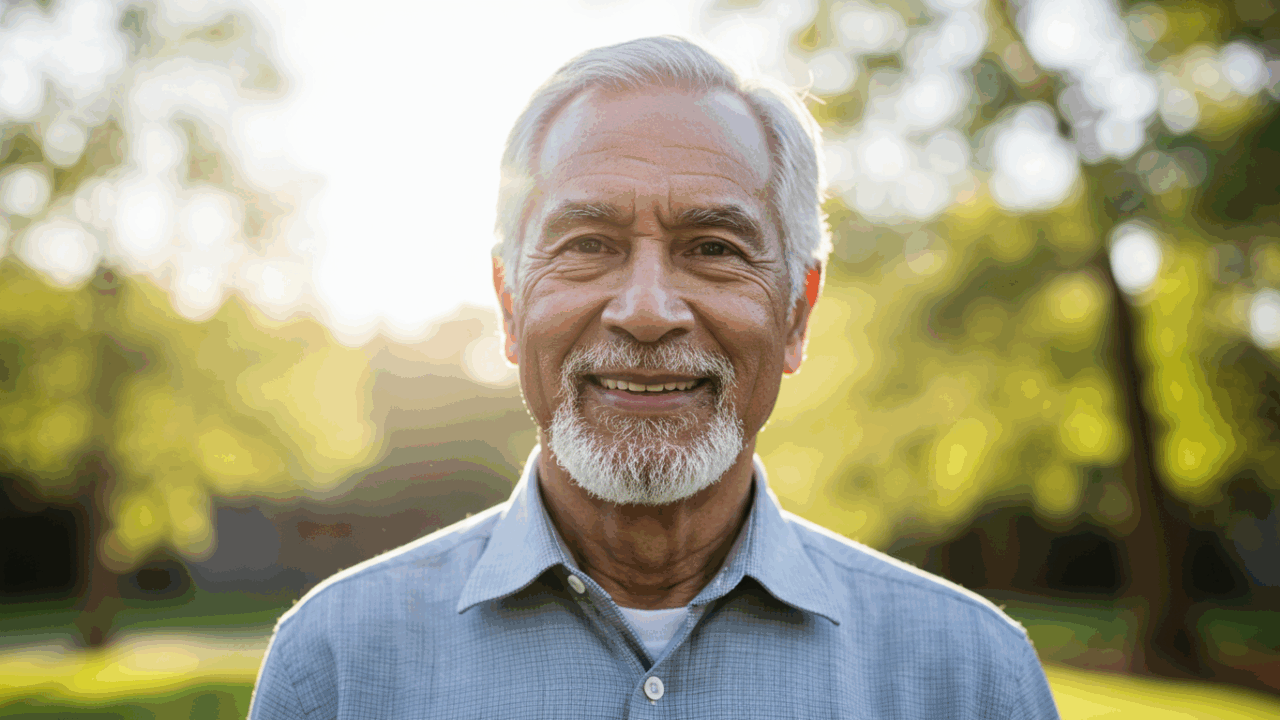 Conclusion (Empowered Senior): Uplifting portrait of the same 78-year-old man from the intro, now standing outdoors, looking directly at the camera with a confident, healthy, and reassuring smile. Bright, natural sunlight, background slightly blurred. The image conveys hope, wisdom, and control over his health.