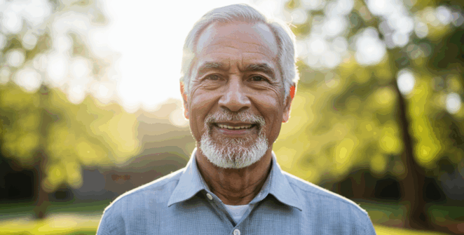 Conclusion (Empowered Senior): Uplifting portrait of the same 78-year-old man from the intro, now standing outdoors, looking directly at the camera with a confident, healthy, and reassuring smile. Bright, natural sunlight, background slightly blurred. The image conveys hope, wisdom, and control over his health.