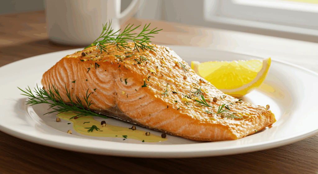 Prompt: A stunning, magazine-quality food photograph of a perfectly baked salmon fillet. The salmon has a golden-brown crust and rests on a simple white plate, garnished with fresh dill and a slice of lemon. Bright, natural light streams in from a window, highlighting the delicious textures of the fish. Style: Bright, clean, appetizing, hyperrealistic, shallow depth of field, 8K.
