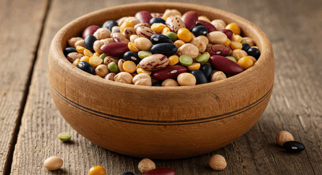 Prompt: A rustic and warm still life photo. A beautiful, handcrafted wooden bowl is filled with a colorful mix of uncooked beans (black beans, kidney beans, chickpeas). The bowl sits on an old, weathered wooden table, with soft, warm light filtering in. The image feels earthy, wholesome, and full of natural goodness. Style: Photorealistic, textured, warm tones, high detail.
