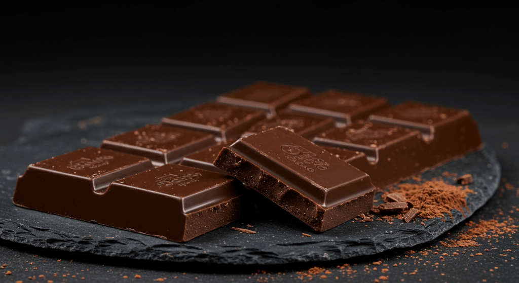 Prompt: An elegant macro photograph of a bar of high-quality dark chocolate (70% cacao), with a few squares cleanly broken off. The chocolate has a rich, dark brown color and a slight sheen. It rests on a piece of dark slate, with a dusting of cocoa powder nearby. Style: Sophisticated, luxurious, dramatic side lighting, sharp focus, hyperrealistic.
