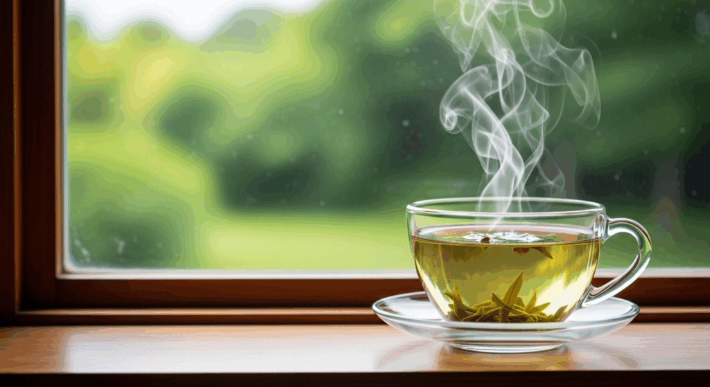 Prompt: A serene and peaceful image of a clear glass cup filled with steaming green tea. Delicate wisps of steam rise gracefully from the cup. The cup sits on a wooden windowsill, and through the window, a soft, out-of-focus view of a green garden can be seen. The mood is calm, meditative, and healing. Style: Soft natural light, tranquil, hyperrealistic, bokeh background.
