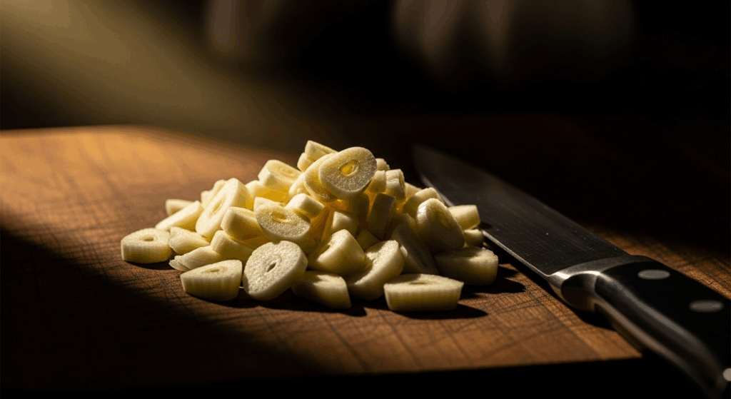 Prompt: A dramatic close-up shot of freshly chopped garlic resting on a dark wooden cutting board. A chef's knife lies next to it. A single, focused beam of light illuminates the garlic, highlighting its glistening texture and suggesting a chemical activation. The background is dark and moody. Style: Cinematic, high contrast, sharp focus, photorealistic, the concept of "activation".
