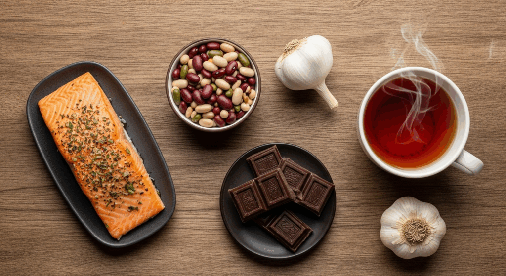 Prompt: A vibrant and artful flat lay composition showcasing the five guardian foods. A piece of baked salmon, a small bowl of mixed beans, a few squares of dark chocolate, a steaming cup of tea, and a head of garlic are beautifully arranged on a rustic wooden surface. The arrangement is harmonious, like a symphony of colors and textures. Style: Bright, uplifting light, top-down view, highly detailed, photorealistic, 8K.
